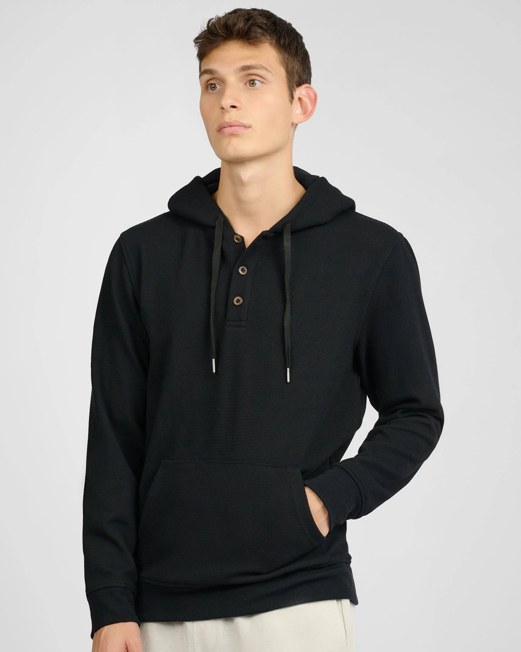 Mens | Waffle Half Button Hoodie | Black - Image 2