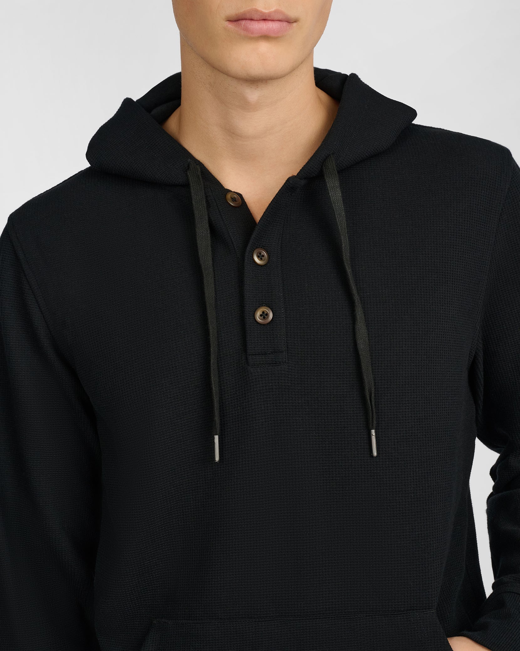 Mens | Waffle Half Button Hoodie | Black - Image 3