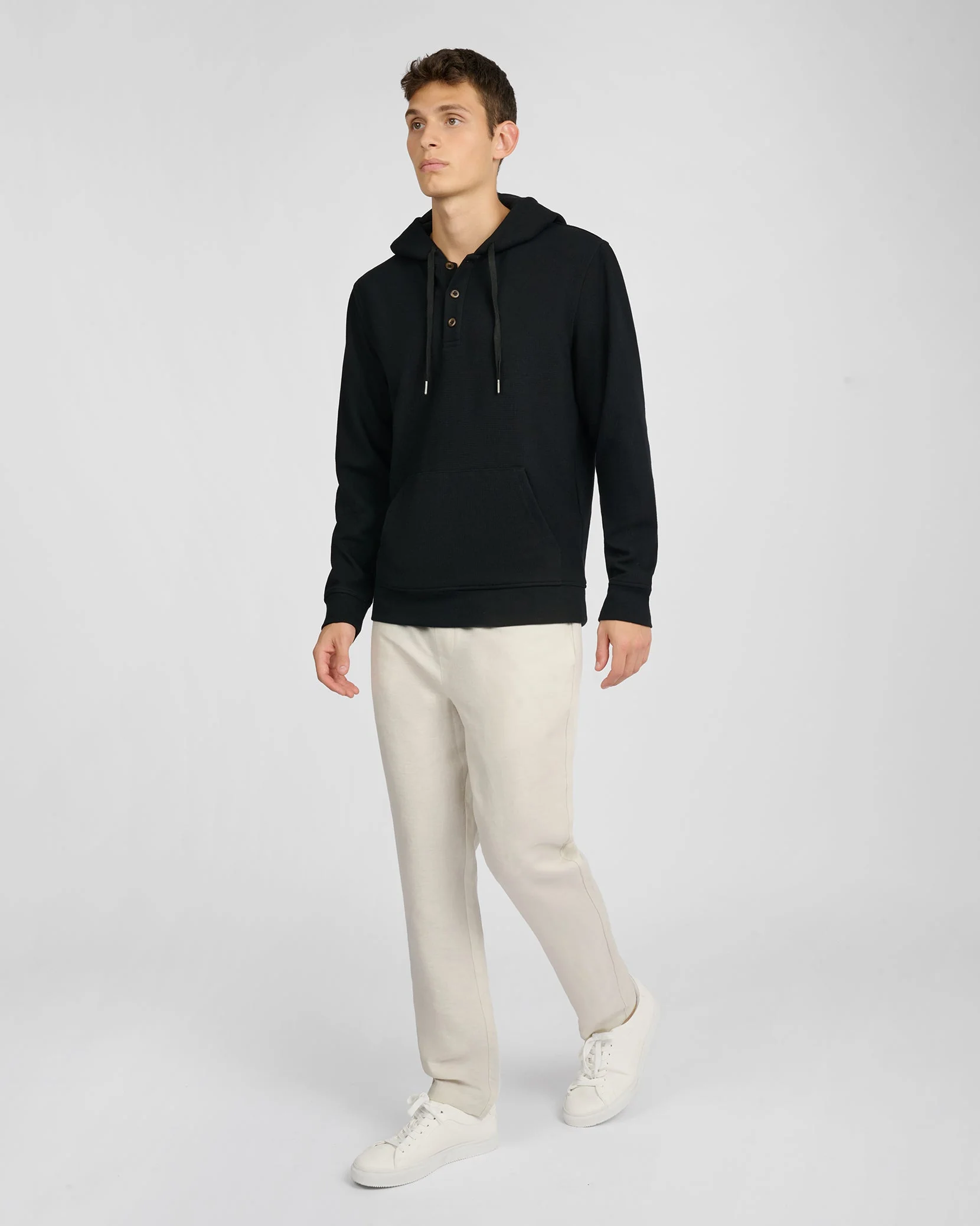 Mens | Waffle Half Button Hoodie | Black - Image 4